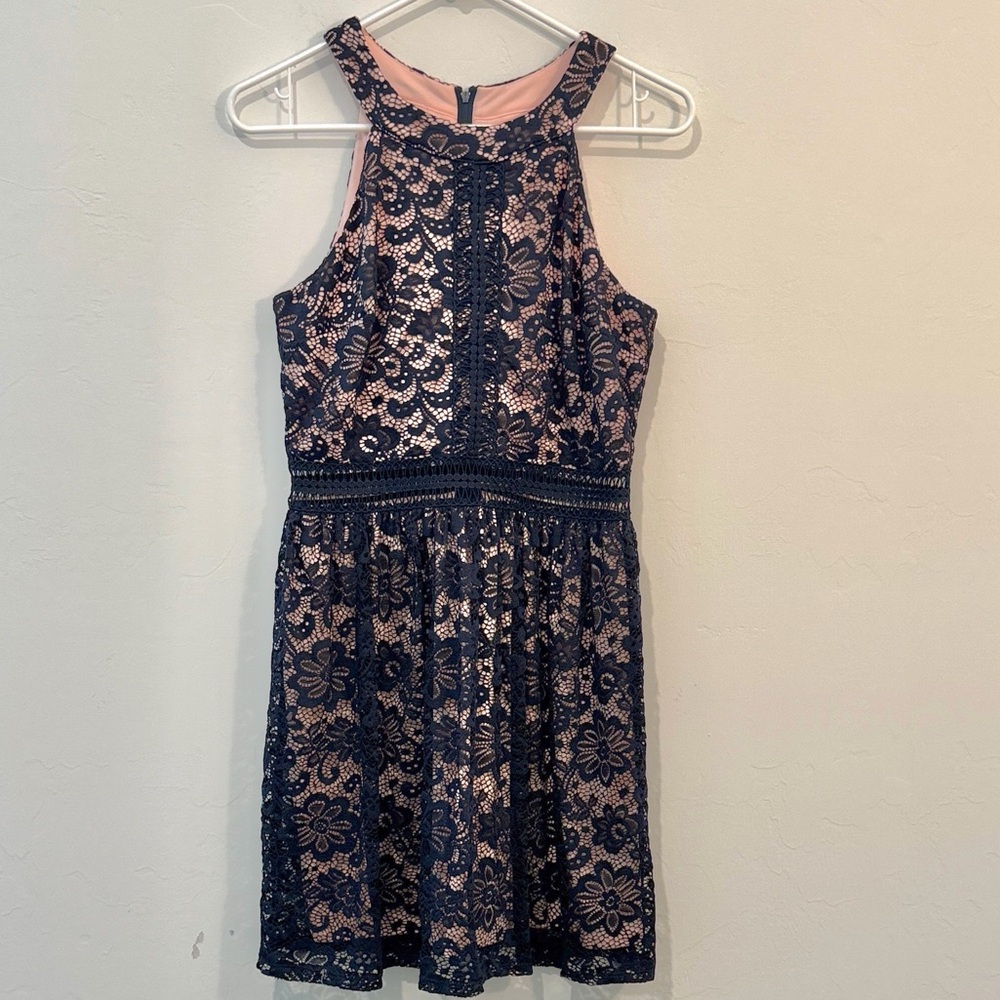 A. BYER Blue Navy Lace Dress with light pink lining size 9 (juniors)